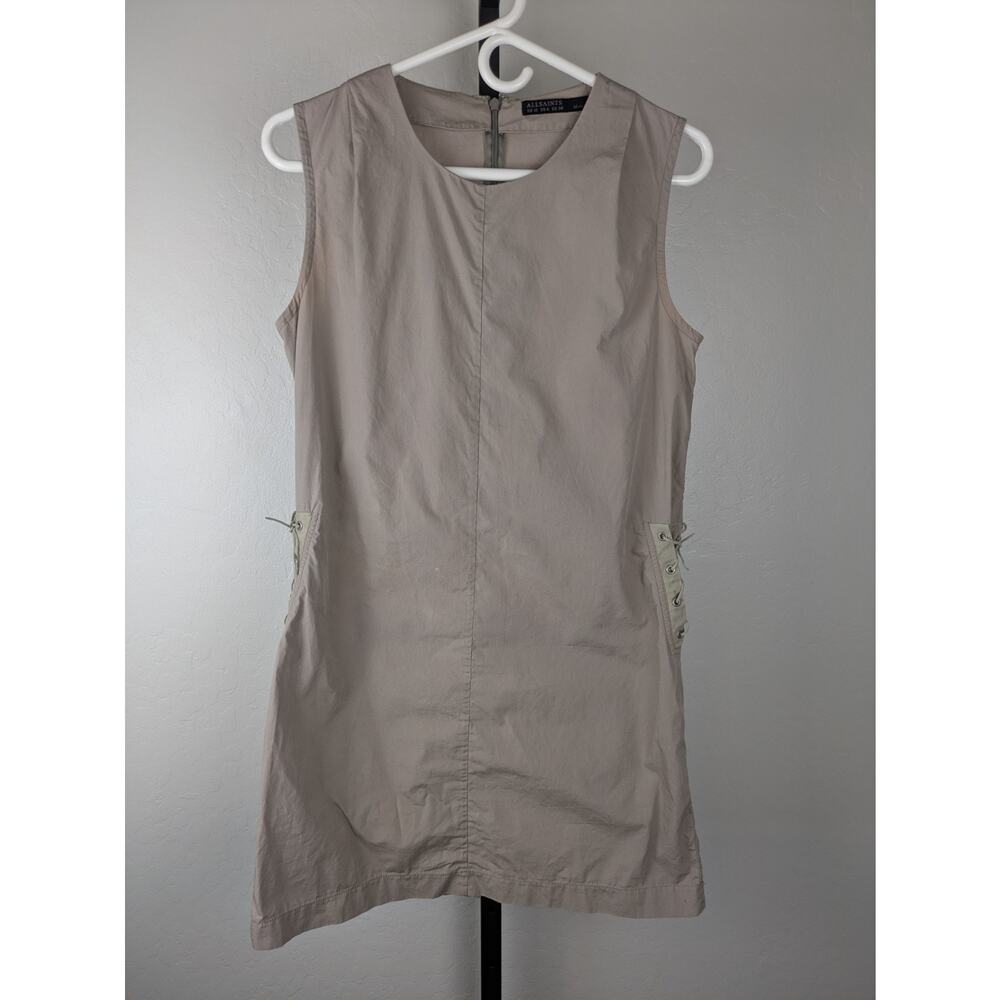 All Saints tan sleeveless shift dress lace up detail on side FLAWS